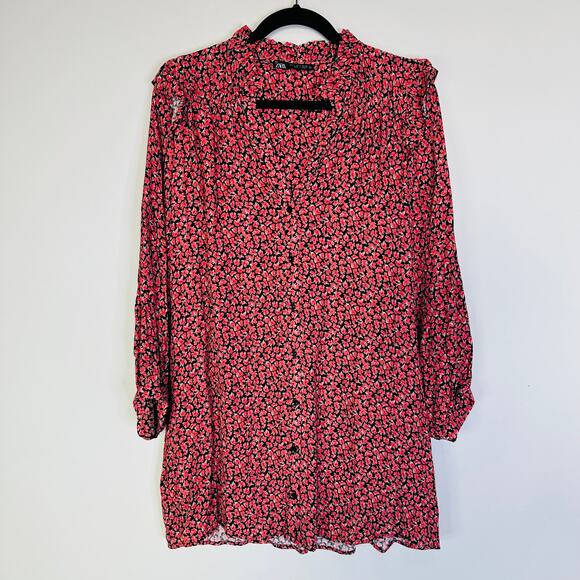 Zara Red Floral Printed Button Ruffle Shoulder Long Sleeve Mini Dress Size Small - Picture 2 of 8